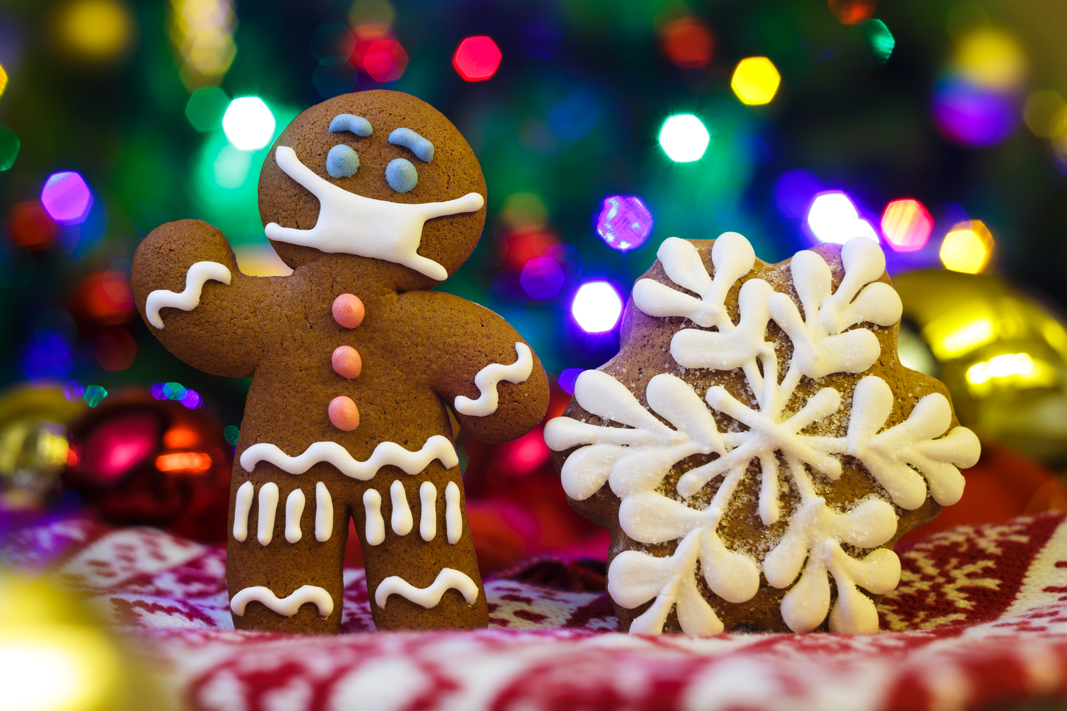 unvaccinated guests | gingerbread man wearing a mask made of frosting, holiday lights in the background, snowflake cookie nearby