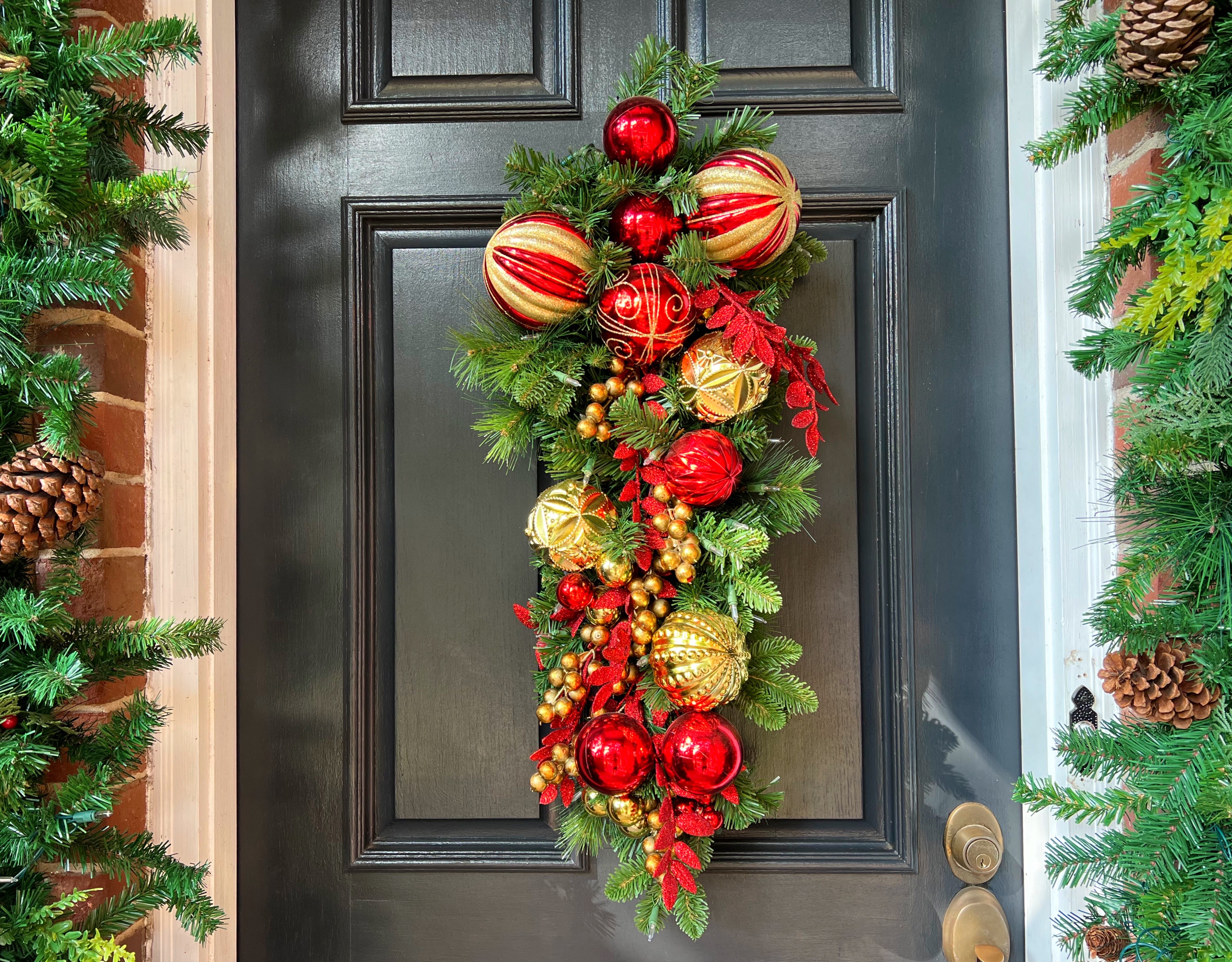 Christmas Cheer | Black Front Door Decorated for Christmas with Red, Gold and Green