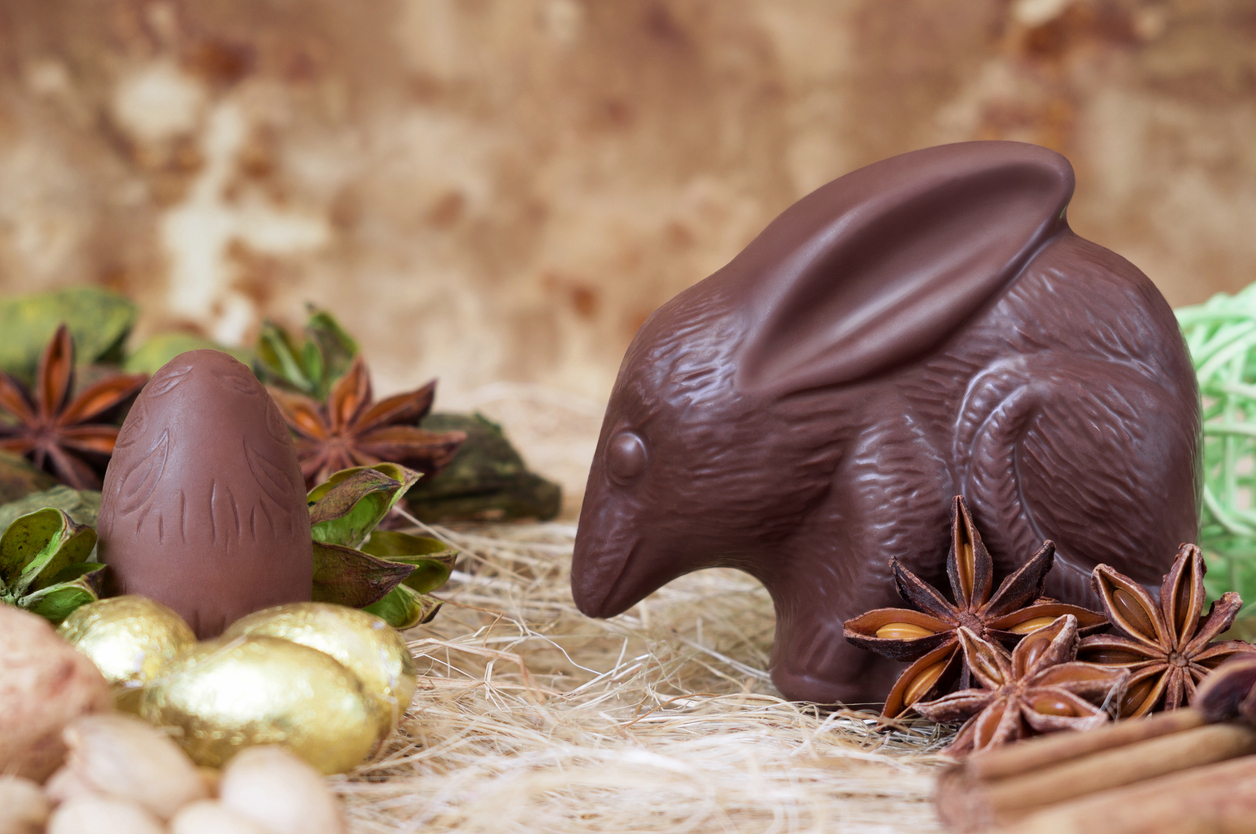 Chocolate Easter bilby against a brown background. Australian Easter concept.