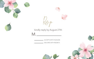 Wedding RSVP Etiquette | Watercolor vector hand painted wedding rsvp card template. Design with eucalyptus branches and pink flowers. Postcard illustration, date saving, greeting card design, floral invitation.