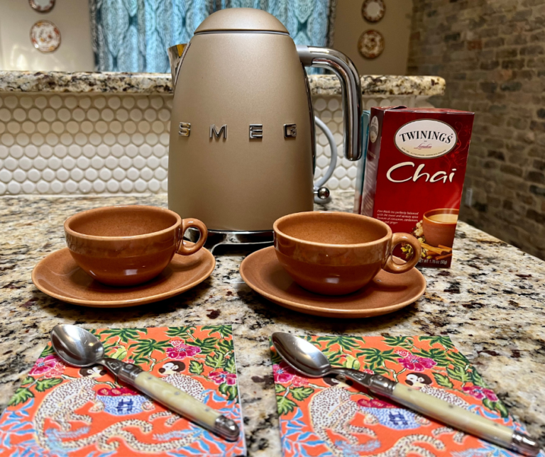 Fall Kitchen Inspirations | Diane's Smeg Kettle and Fall Teacups with Chai Tea on Counter