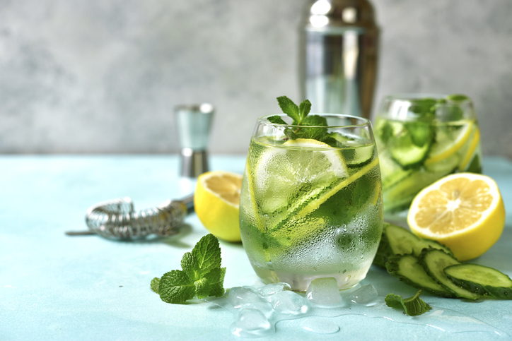 alcohol-free New Year's Eve | Cucumber and lemon refreshing drink with mint in a glasses.