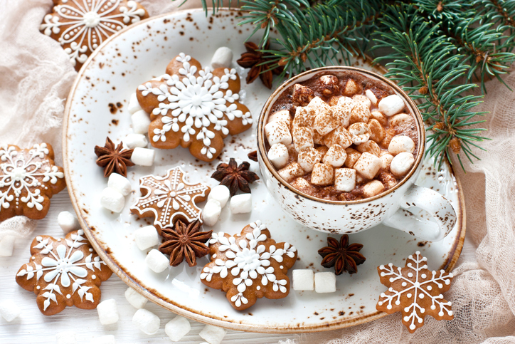 Hot cocoa with marshmallows and gingerbread cookies on light background. Christmas concept