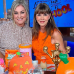 Summerween Party Tips from Etiquette Expert Diane Gottsman | Diane Gottsman and Shelly Miles on the set of San Antonio Living posing behind a table of Summerween party essentials in bright orange and fall colors