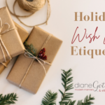 Holiday wish list etiquette | holiday gifts in brown paper with twine, red and green accents