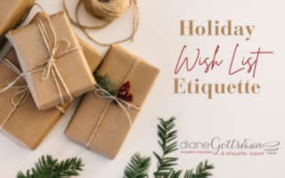 Holiday wish list etiquette | holiday gifts in brown paper with twine, red and green accents