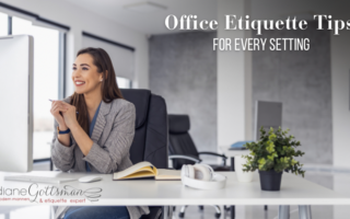 Office etiquette tips | businesswoman smiling at her desk during a zoom call in a modern office setting