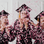 Graduation etiquette for parents | three graduates with caps and confetti, facing camera
