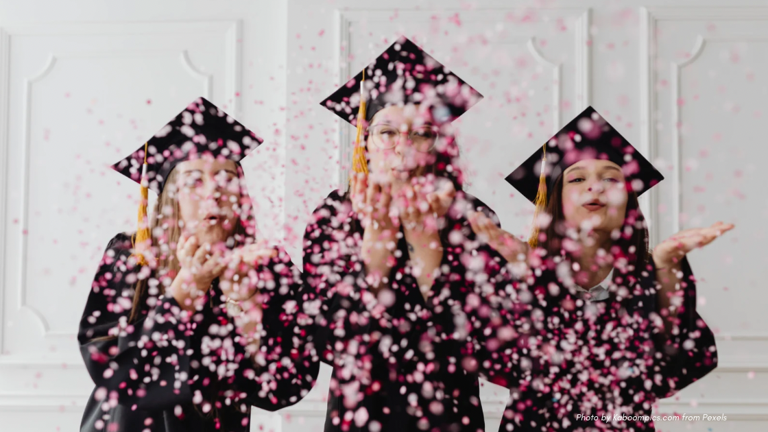 Graduation etiquette for parents | three graduates with caps and confetti, facing camera