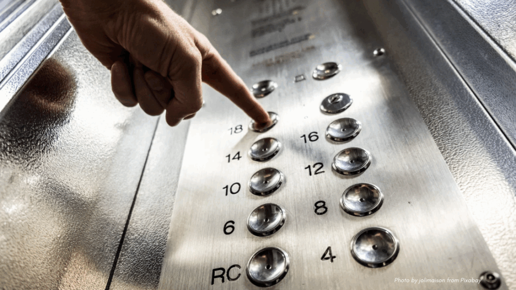 Elevator etiquette | elevator buttons with hand pressing one