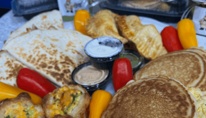 Father’s Day breakfast spread with pancakes and peppers, omelet bites, and more