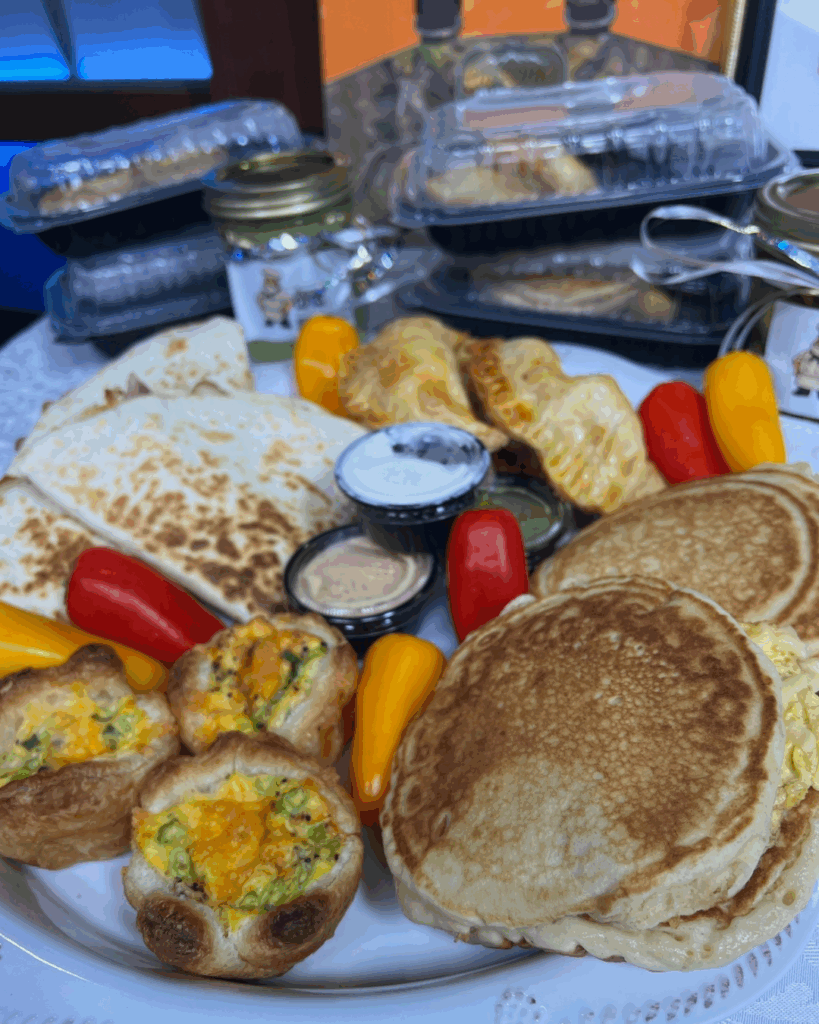 Father’s Day breakfast spread with pancakes and peppers, omelet bites, and more