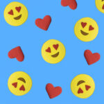 Texting etiquette and Gen Z | Smileys and heart in the form of gingerbread on the blue background. Flat lay. Pattern.