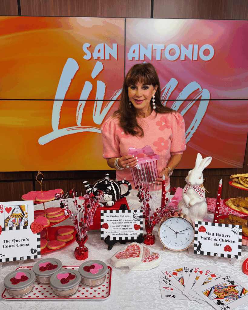 Alice in Wonderland Galentine’s Day Brunch and Tea | Table set for Galentine’s Day on San Antonio Living set, with Alice in Wonderland-inspired accents
