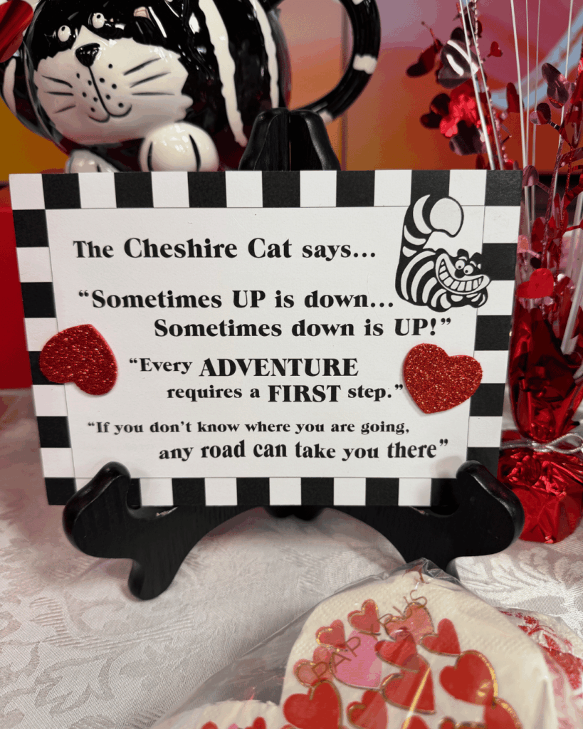 Cheshire Cat Galentine’s Day Table Decor with black, white, and red