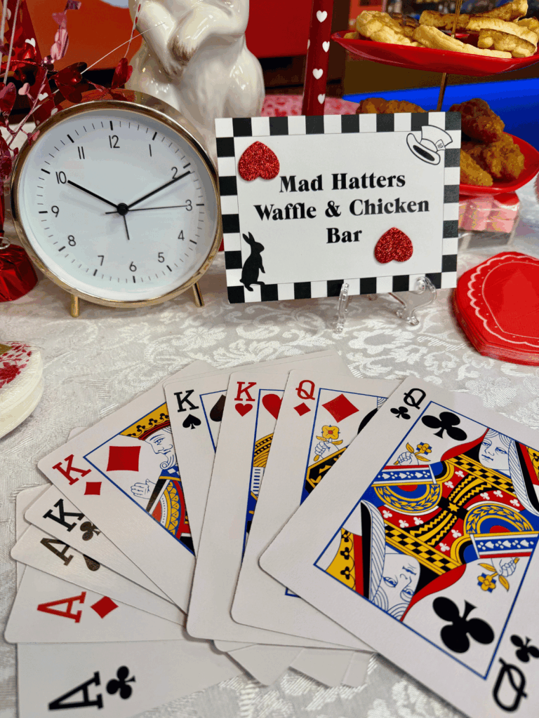 Alice in Wonderland Galentine’s Day Brunch and Tea | Table set for Galentine’s Day on San Antonio Living set, with Alice in Wonderland-inspired accents