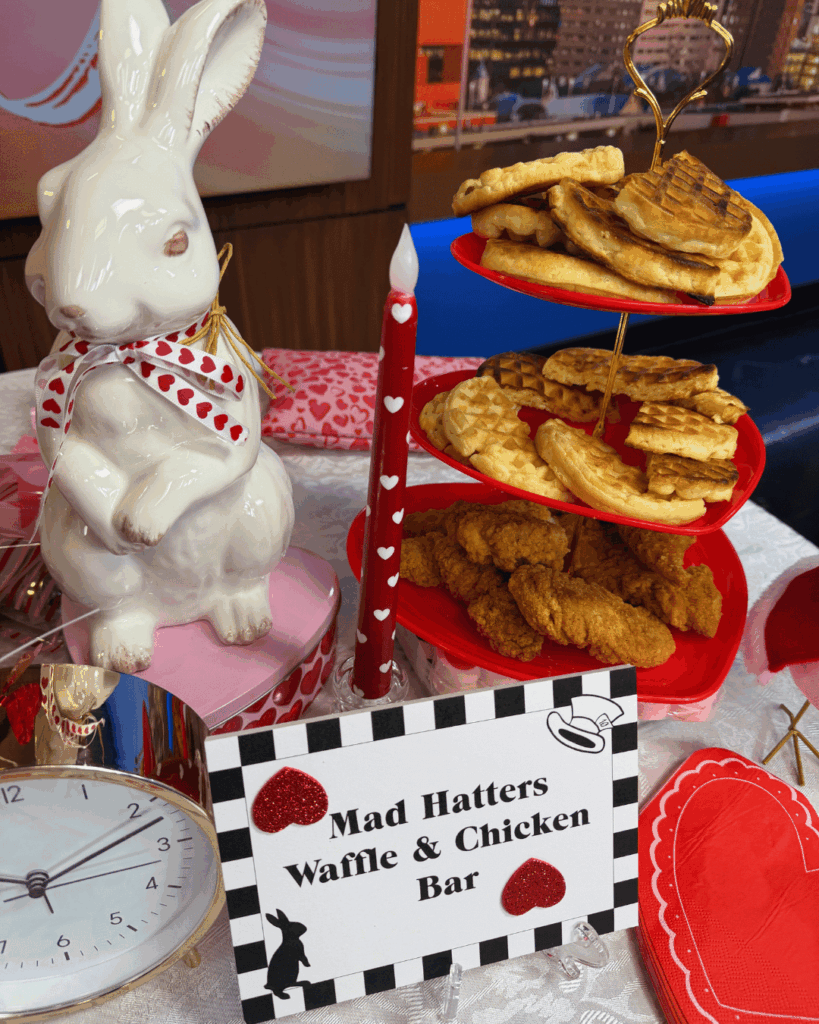 Alice in Wonderland Galentine’s Day Brunch and Tea | Table set for Galentine’s Day on San Antonio Living set, with Alice in Wonderland-inspired accents