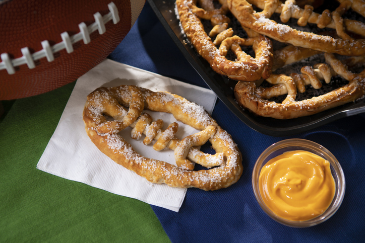 Tailgate food etiquette | Football Super Bowl Sunday Football-Shaped Soft Pretzels and Nacho Cheese